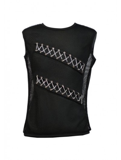 Pentagramme Black Sleeveless Chain Design Gothic T-Shirt for Men