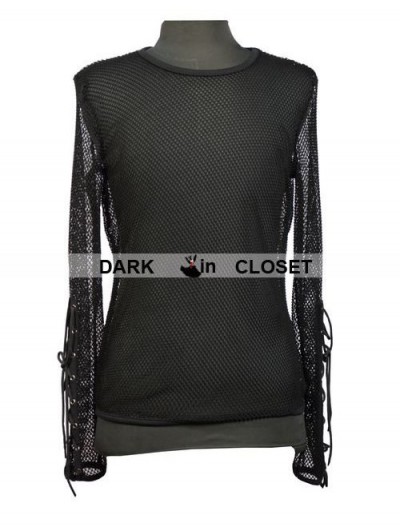 Pentagramme Black Net Mens Gothic T-Shirt with Lace-up Sleeves