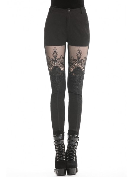 Dark in Love Black Gothic Flower Lace Tight Long Trousers for Women ...