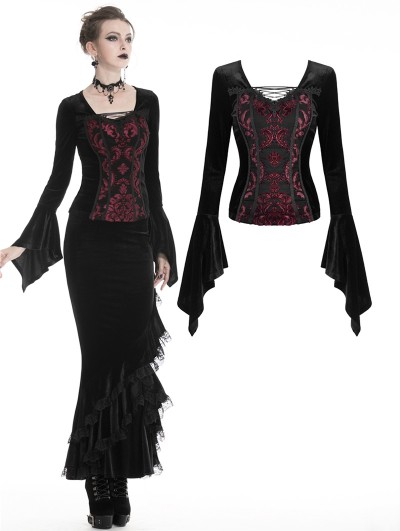 Dark in Love Black and Red Vintage Gothic Velvet Long Sleeve T-Shirt for Women