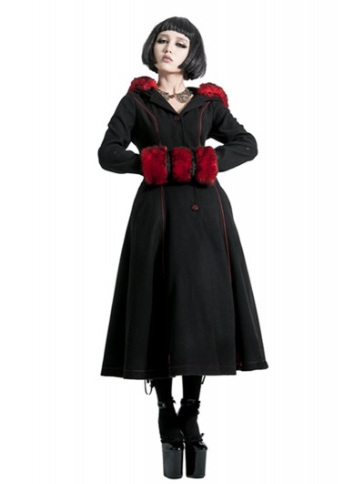 Punk Rave Black and Red Gothic Two Wear Woolen Initation Fur Long Winter Coat for Women