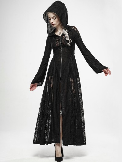 Punk Rave Black Gothic Dark Moon Lace Long Hooded Coat