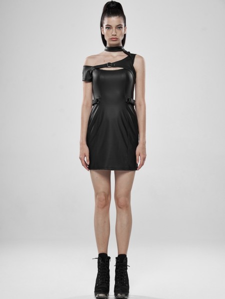 Punk Rave Black Gothic Punk PU Leather Mini Dress - DarkinCloset.com