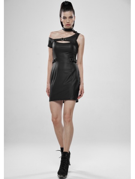 Punk Rave Black Gothic Punk PU Leather Mini Dress - DarkinCloset.com