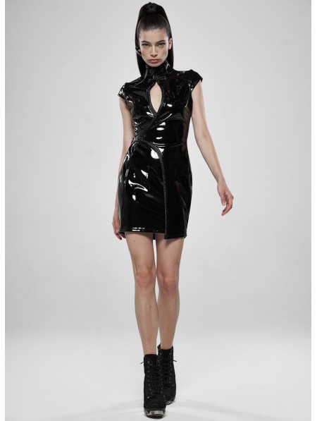 Punk Rave Black Gothic Punk Latex Chinese Style Short Dress ...
