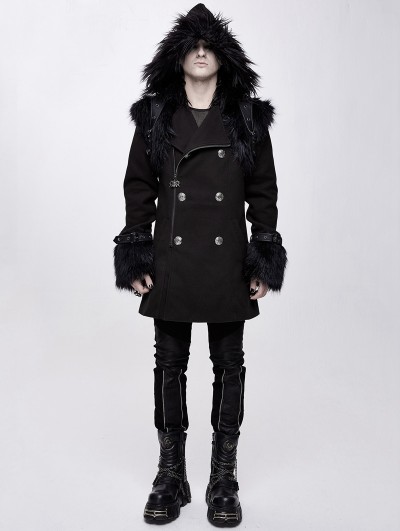 Devil Fashion Black Men's Gothic Punk Winter Hooded Coat with Detachable Shoulder Accessory