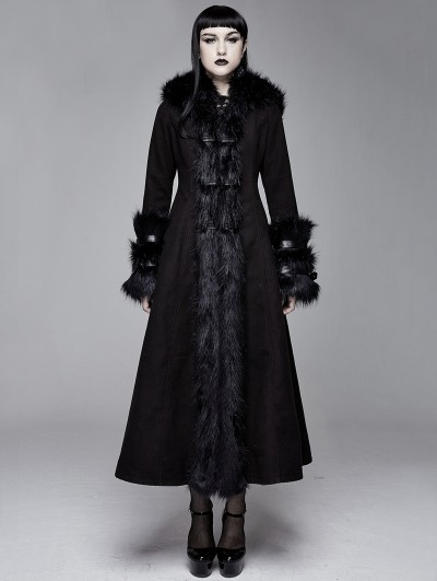 Devil Fashion Black Gothic Fur Winter Warm Long Hooded Coat for Women