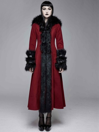 Devil Fashion Red and Black Gothic Fur Winter Warm Long Hooded Coat for Women