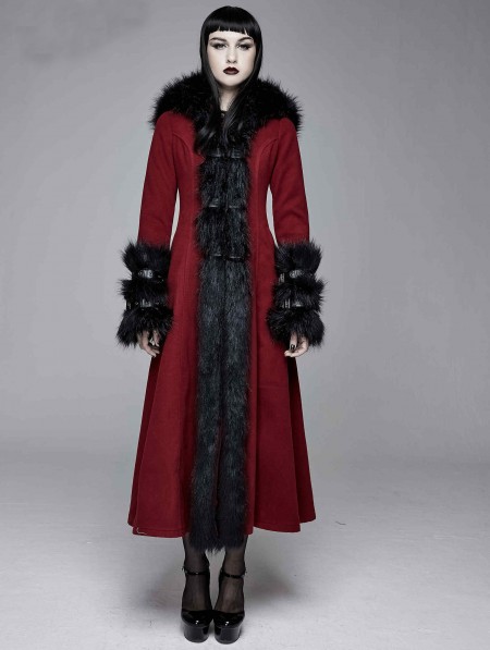 Devil Fashion Red and Black Gothic Fur Winter Warm Long Hooded Coat for