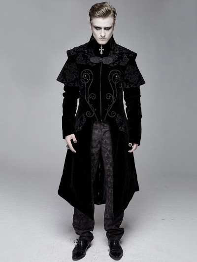 Devil Fashion Black Gothic Victorian Vintage Long Velvet Tailcoat for Men