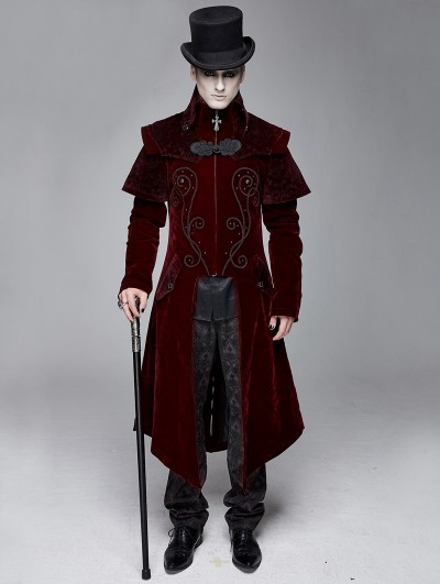 Devil Fashion Red Gothic Victorian Vintage Long Velvet Tailcoat for Men