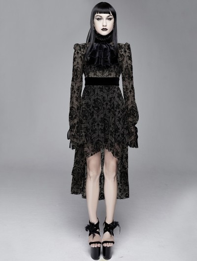 Devil Fashion Black Vintage Pattern Sexy Gothic Long Sleeve High-Low Dress