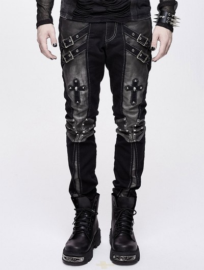 Devil Fashion Black and Sliver Gothic Punk Metal Cross Long Trousers for Men