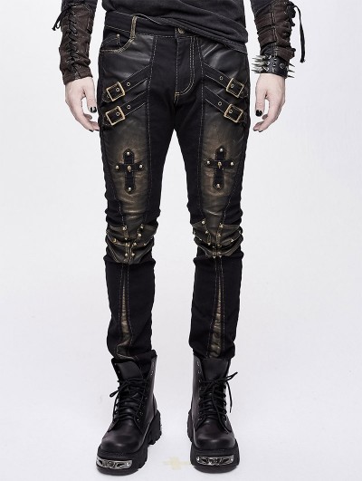 Devil Fashion Black and Bronze Gothic Punk Metal Cross Long Trousers for Men