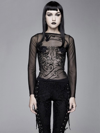 Devil Fashion Black Gothic Sexy Long Sleeve Transparent T-Shirt for Women