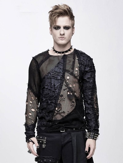 Devil Fashion Black Gothic Punk Net Skull Long Sleeve T-Shirt for Men