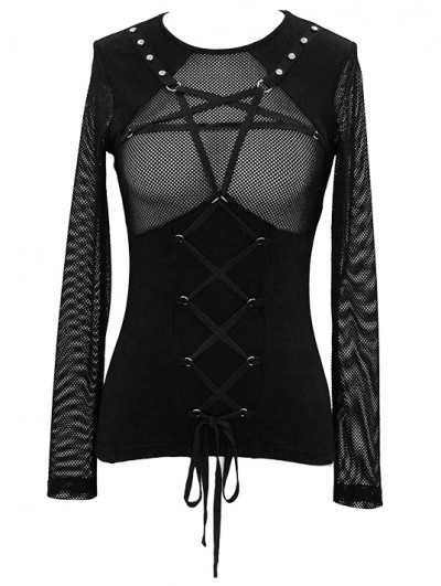 Devil Fashion Womens Gothic Sheer Mesh Top Black Velvet Flock Long Sleeve Shirt