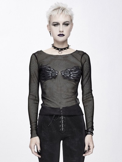 Devil Fashion Black Gothic Punk Sexy Transparent Net Long Sleeve T-Shirt for Women