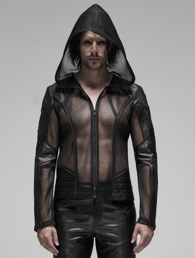 Punk Rave Black Gothic Punk Mesh Hoodie for Men