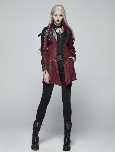 Punk Rave Red and Black Long Sleeves Leather Gothic Trench Coat for Women