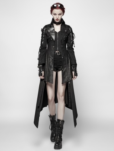 Punk Rave Black Long Sleeves Leather Gothic Trench Coat for Women