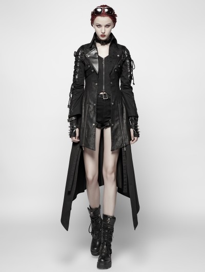 Punk Rave Black Long Sleeves Leather Gothic Trench Coat for Women ...