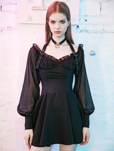 Punk Rave Black Street Fashion Gothic Long Sleeve Halter Short Dress