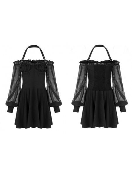 Punk Rave Black Street Fashion Gothic Long Sleeve Halter Short Dress ...