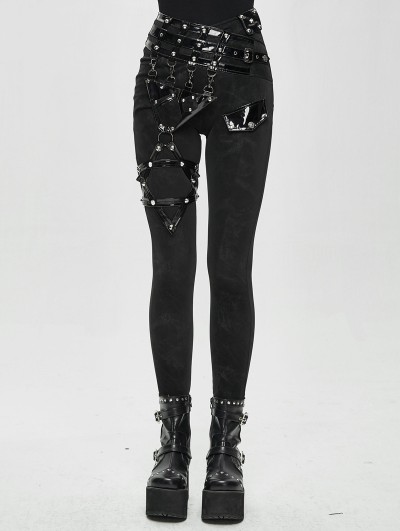 Devil Fashion Women's Black Gothic Punk Pants with Detachable Pentagram Harness Belt Garters