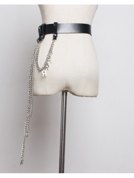 Black Gothic Punk PU Leather Chain Belt - DarkinCloset.com