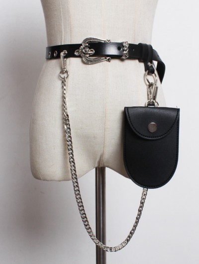Black Vintage Gothic PU Leather Belt with Detachable Bag and Chain