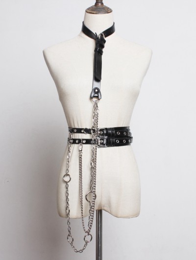 Black Gothic Punk PU Leather Ring Chain Belt