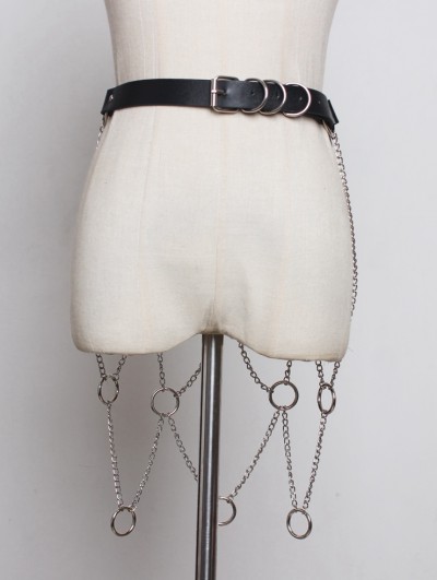 Black Gothic Punk PU Leather Belt with Ring and Chain Skirt