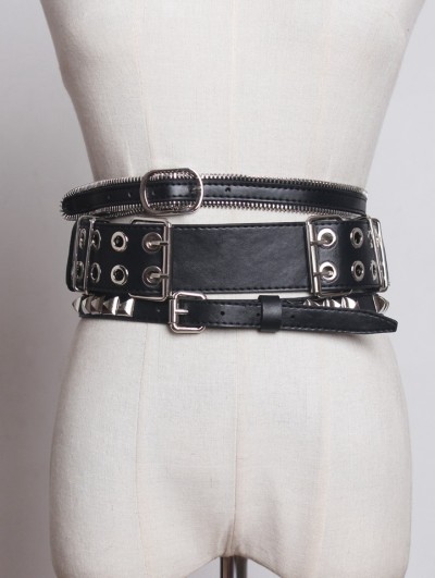 Black Gothic Punk PU Leather Rivet Zipper Wide Belt