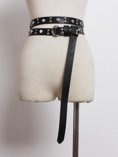 Black Gothic Punk PU Leather Rivet Long Belt