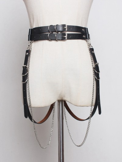 Black Gothic Punk PU Leather Chain Belt with Detachable Belts