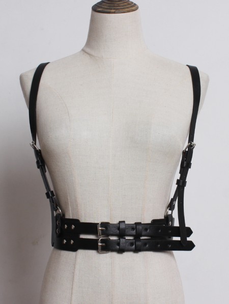 Black Gothic Punk PU Leather Buckle Belt Harness - DarkinCloset.com