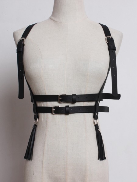 Black Gothic Punk PU Leather Tassel Buckle Belt Harness - DarkinCloset.com