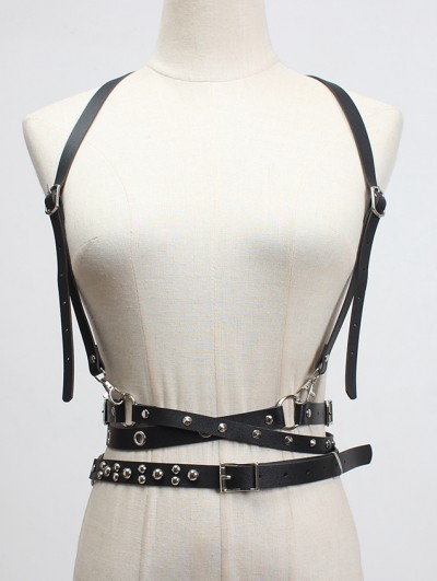 Black Gothic Punk PU Leather Rivet Buckle Belt Harness