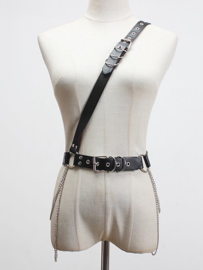 Black Gothic Punk PU Leather One-Shoulder Chain Buckle Belt Harness