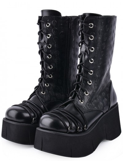 Black Gothic Punk Skull Lace Up Platform Mid-Calf Boots for Women