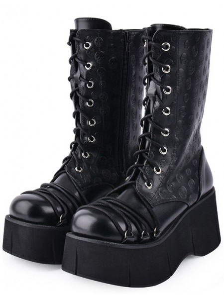 Black Gothic Punk Skull Lace Up Platform Mid-Calf Boots for Women ...