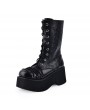 Black Gothic Punk Skull Lace Up Platform Mid-Calf Boots for Women