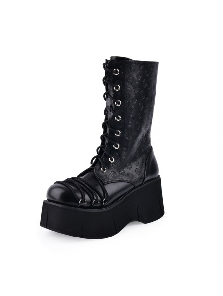Black Gothic Punk Skull Lace Up Platform Mid-Calf Boots for Women ...