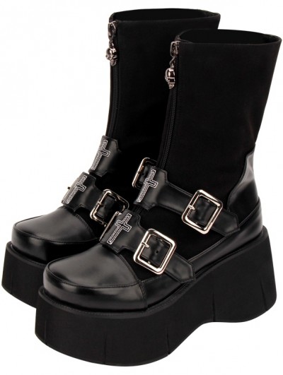 Black Gothic Punk Cross Platform Mid-Calf Boots for Women