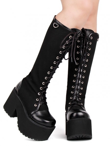 Black Gothic Punk Lace Up Knee Platform Boots for Women - DarkinCloset.com
