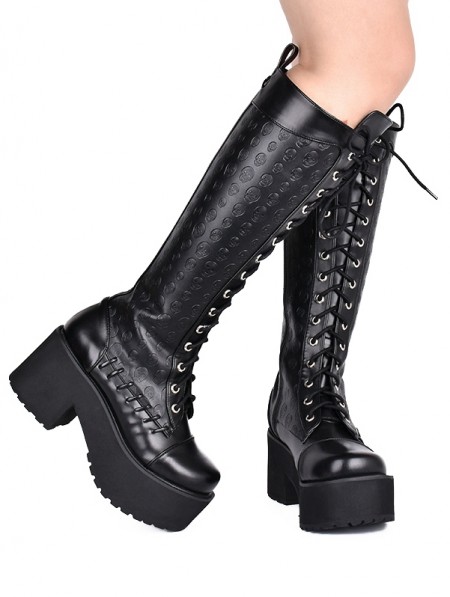 Black Gothic Punk Skull Lace Up Knee Platform Boots for Women ...