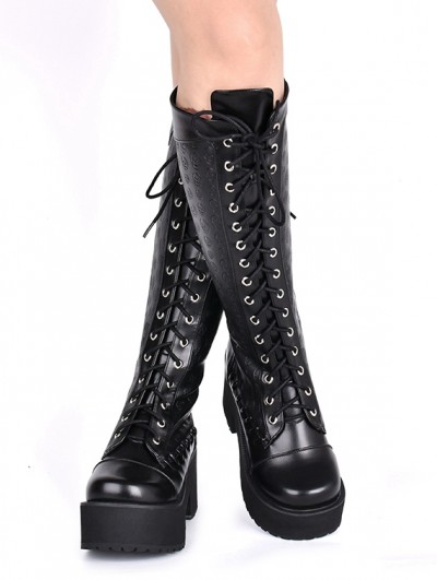 Banned Apparel Lyla Lace Up Faux Leather Platform Knee High Black Boots Heels
