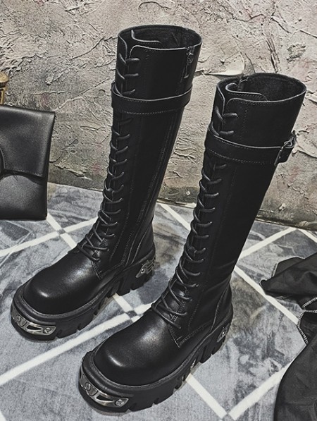 Black Gothic Punk Lace Up Knee Platform Boots for Women - DarkinCloset.com