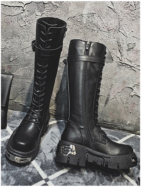 Black Gothic Punk Lace Up Knee Platform Boots for Women - DarkinCloset.com